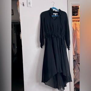 Long Sleeve Smocked Cuff Split V-Neck High-Low Blouson Maxi Dress